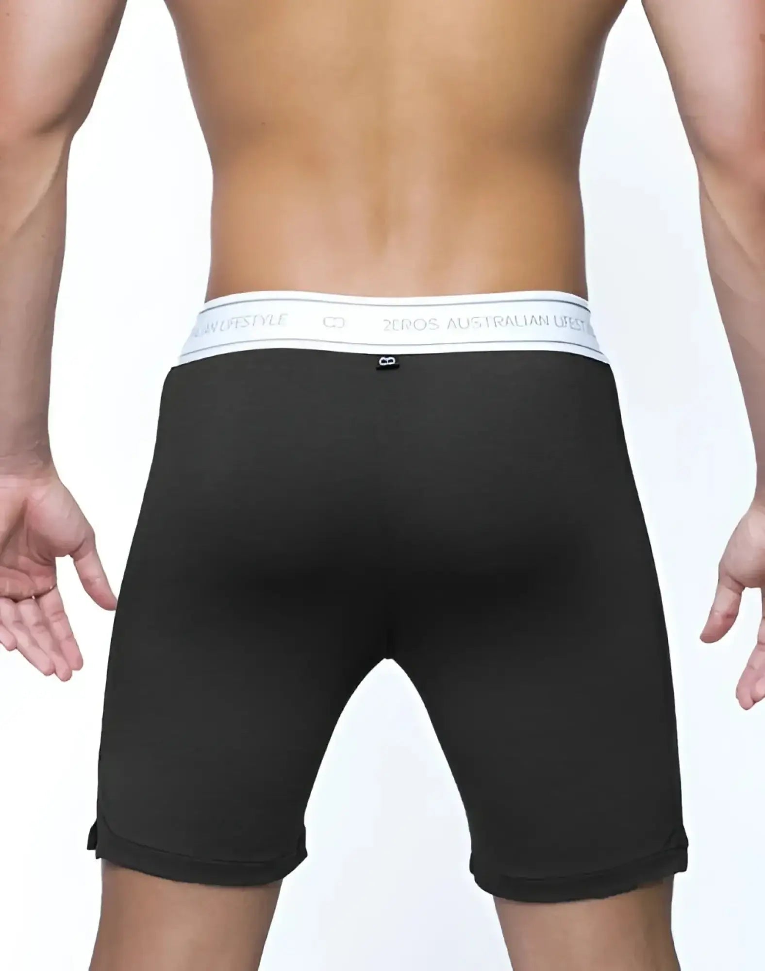 Black men’s boxer briefs with white elastic waistband branded bros australian lifestyle in charcoal 2eros ls10 shorts