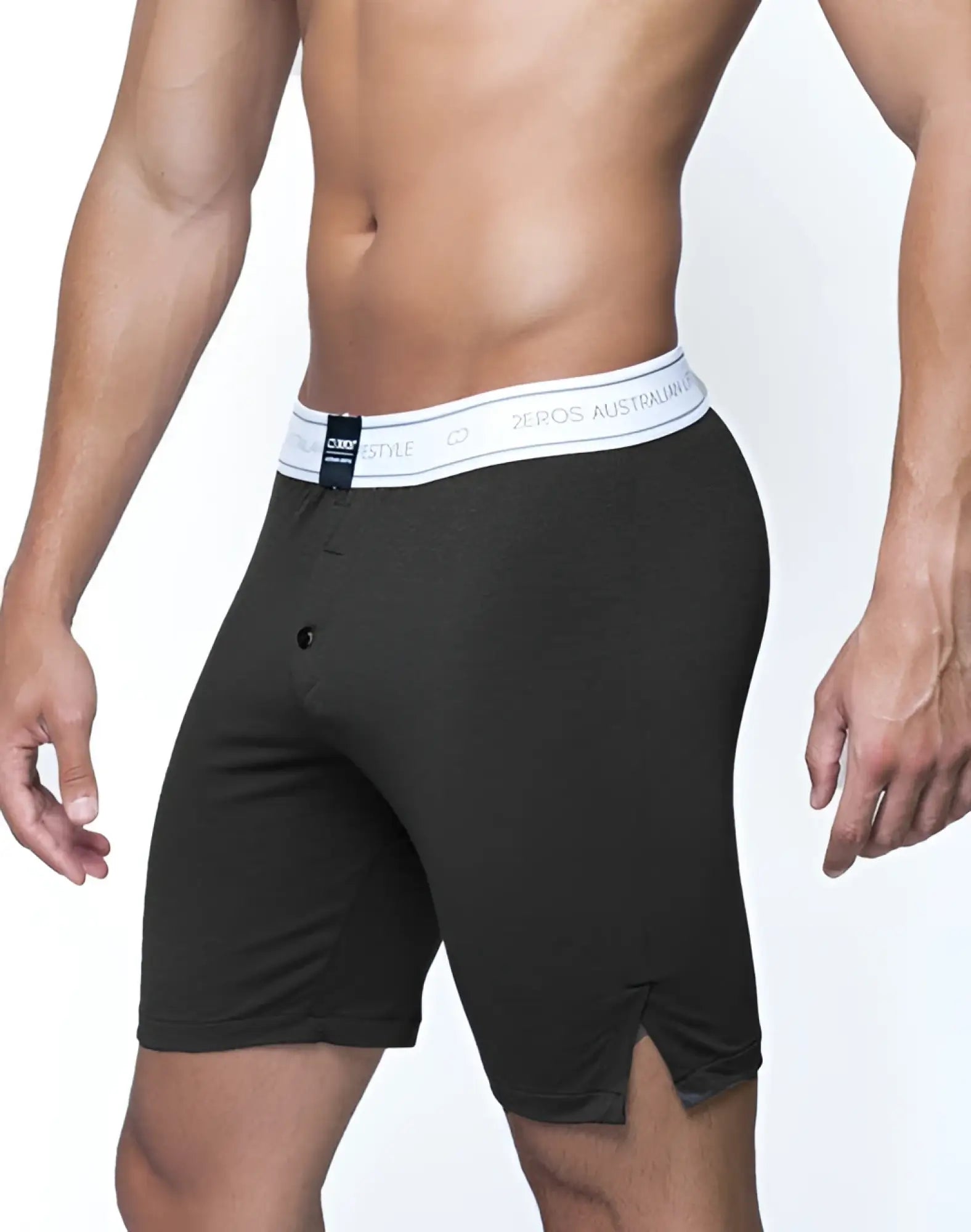 Black men’s boxer briefs charcoal with white elastic waistband featuring hos and australian branding in 2EROS LS10 Core Lounge Shorts