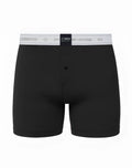 Black men’s boxer briefs charcoal with white lifestyle and zero2015 branded waistband and black center label