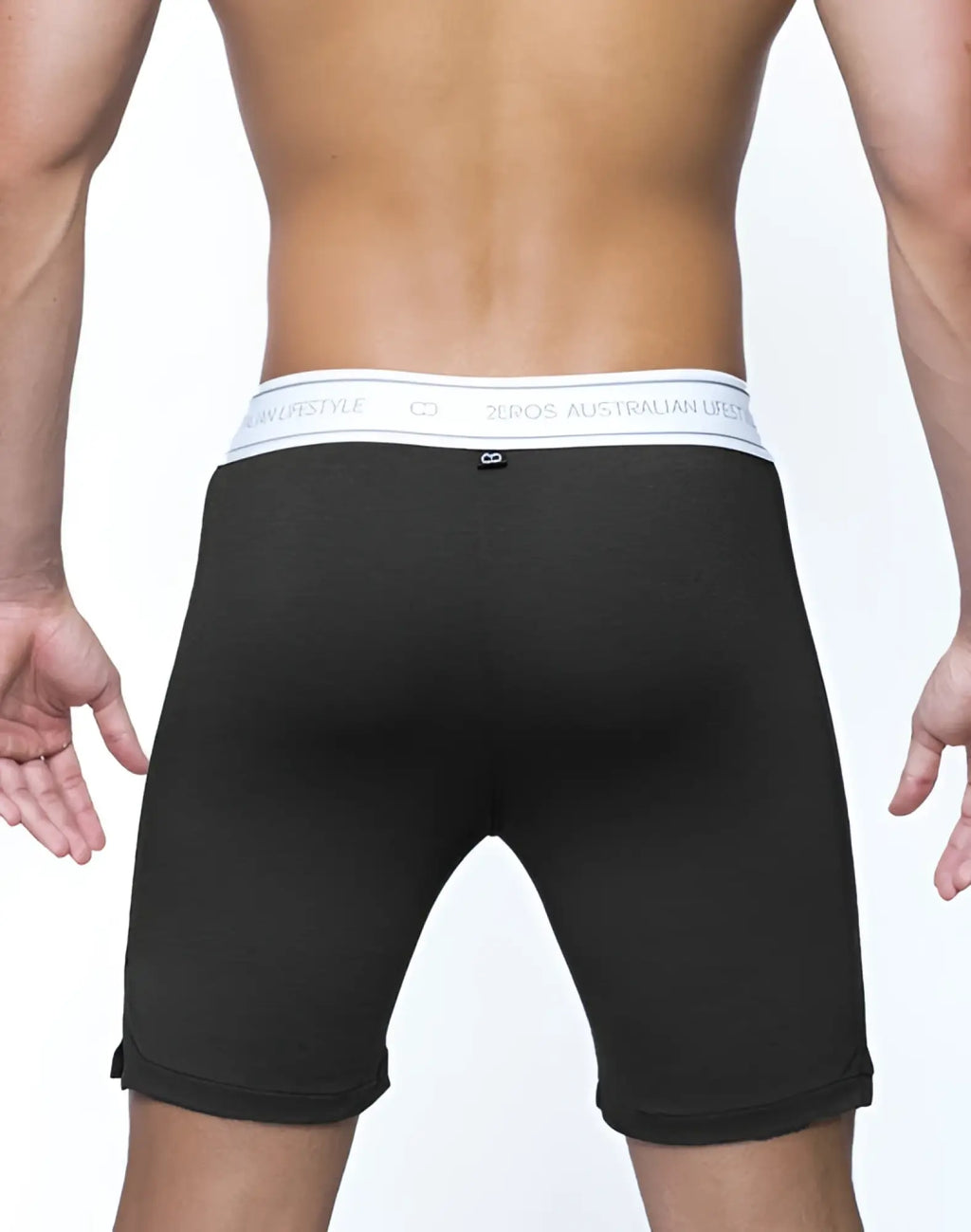 Black men’s boxer briefs with white elastic waistband branded bros australian lifestyle in charcoal 2eros ls10 shorts