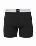 Black men’s boxer briefs charcoal with white lifestyle and zero2015 branded waistband and black center label