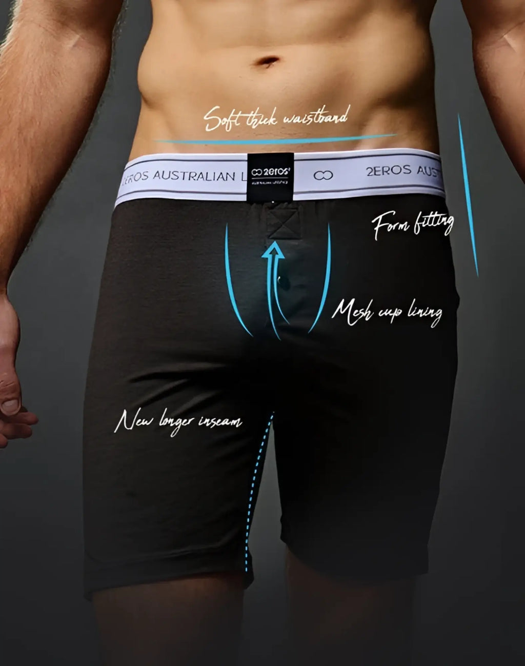 Black men’s boxer briefs with white 2eros australian waistband designed for form-fitting comfort in cabernet color
