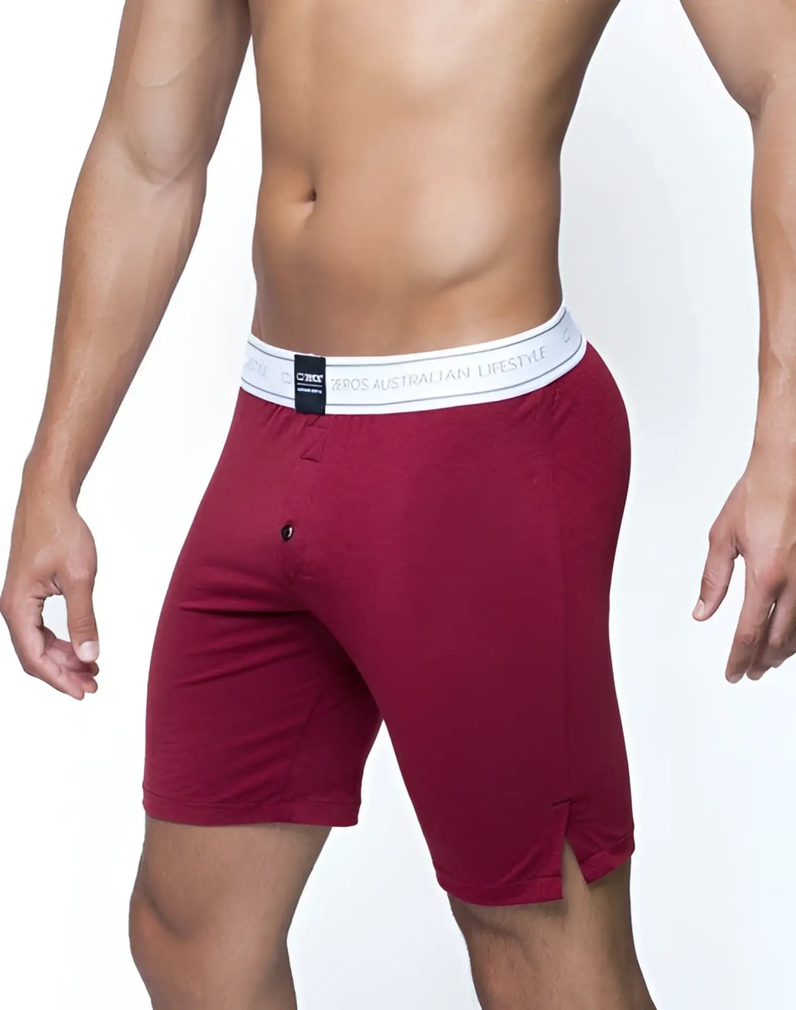 Maroon 2eros ls10 core series lounge boxer shorts with white cosmos australian lifestyle waistband and black brand tag