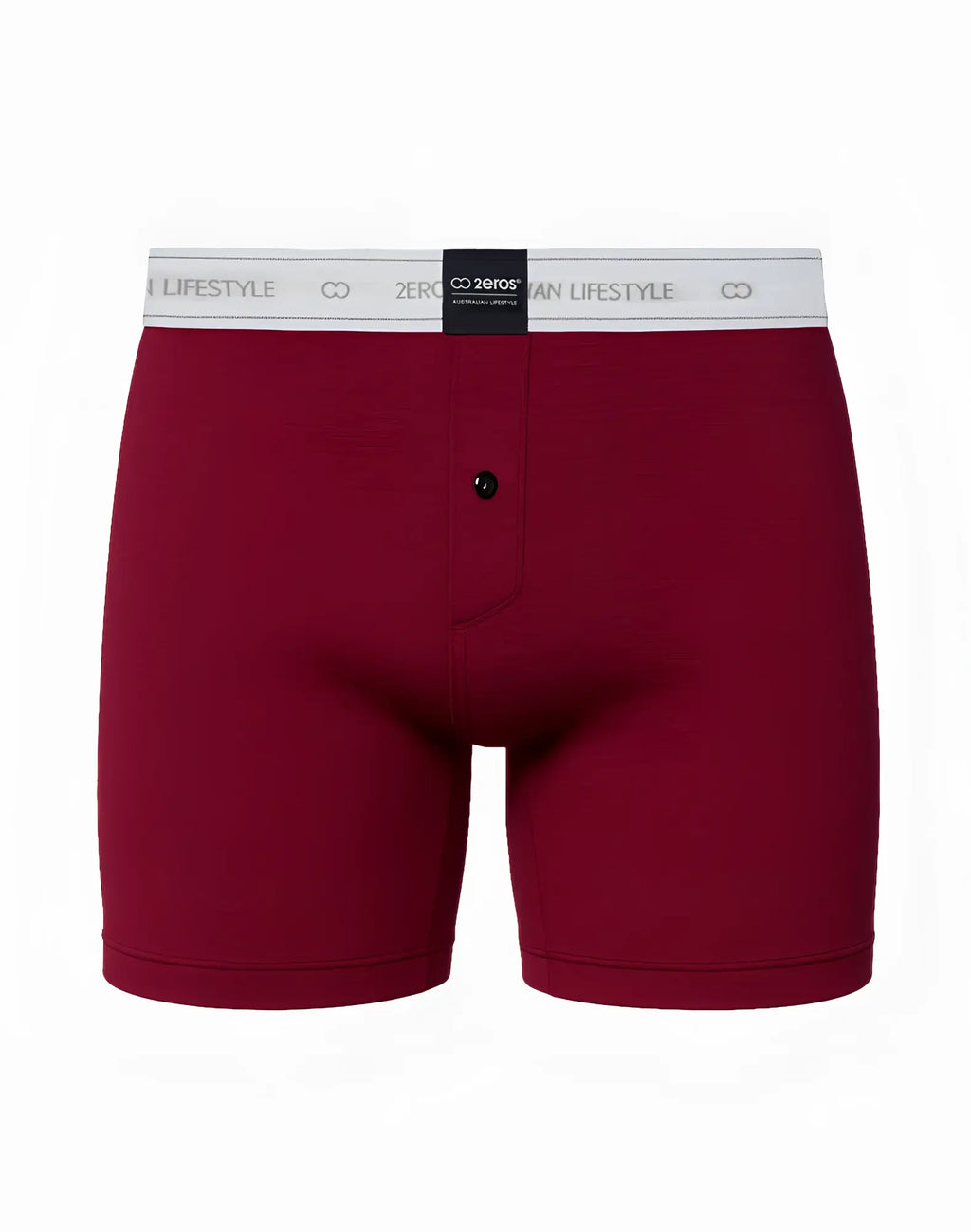 Maroon 2eros ls10 core series lounge boxer shorts with white lifestyle zero co2 waistband and black front button