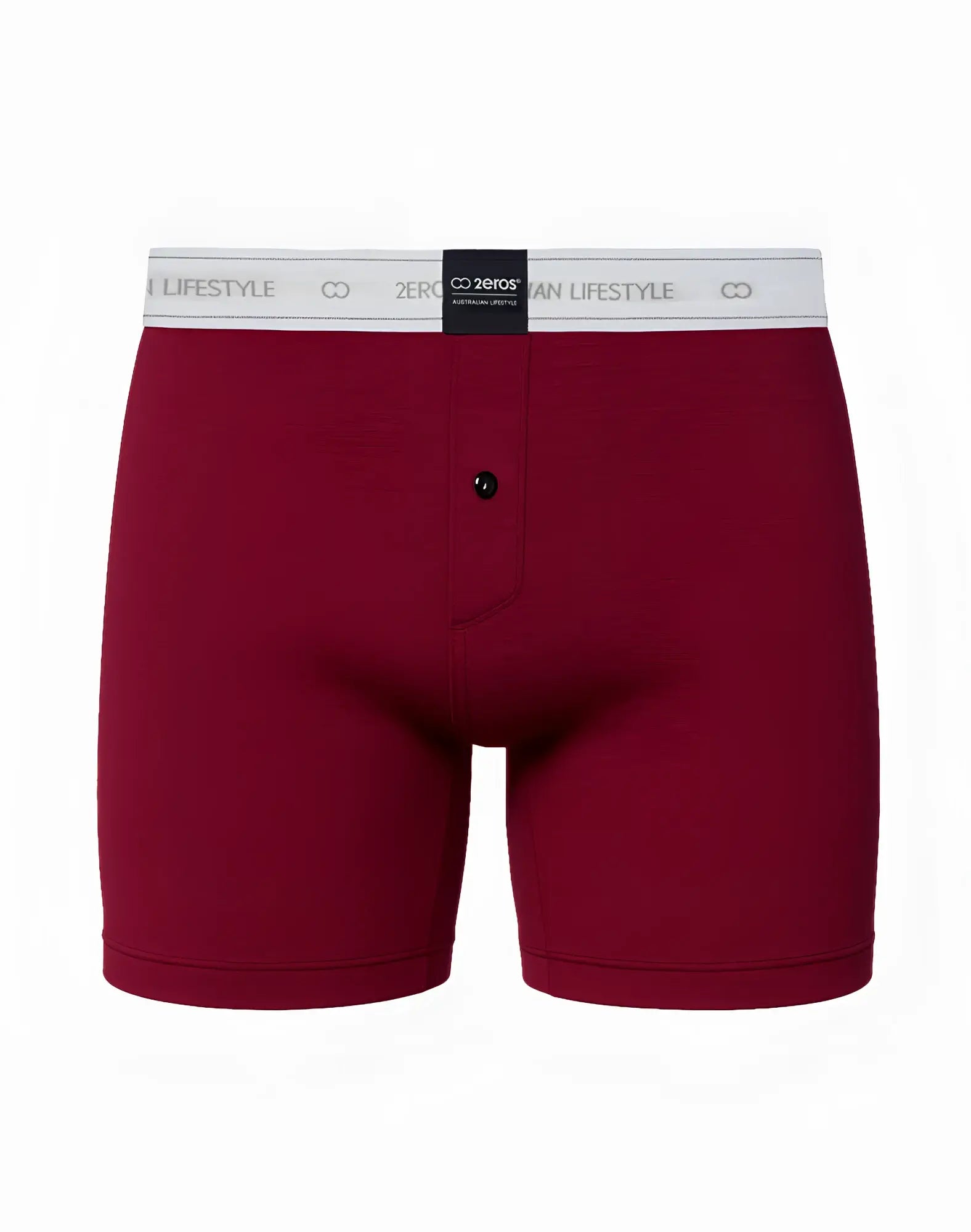 Maroon 2eros ls10 core series lounge boxer shorts with white lifestyle zero co2 waistband and black front button