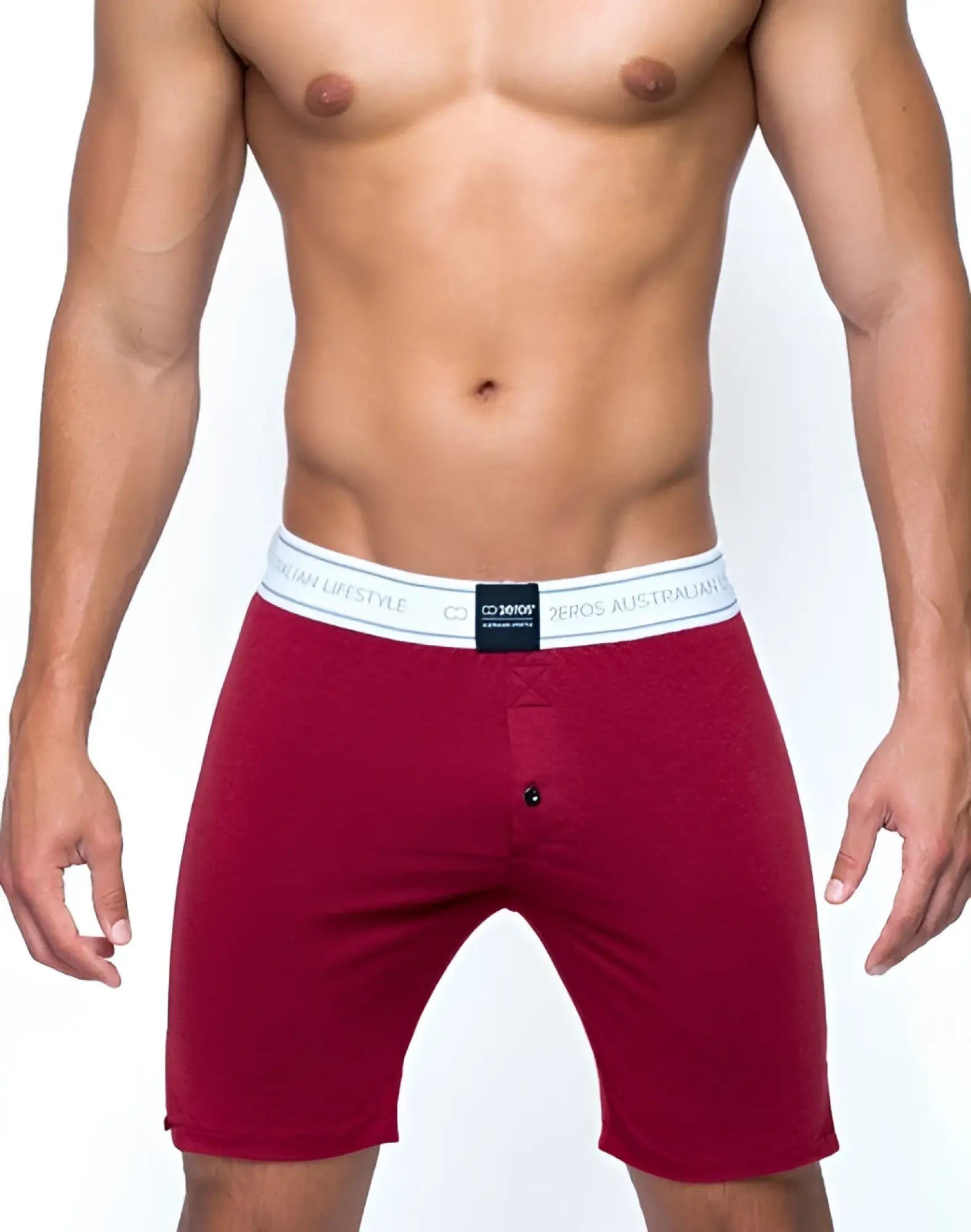 Red 2EROS LS10 Core Series lounge boxer shorts with white elastic waistband and black branding in cabernet color