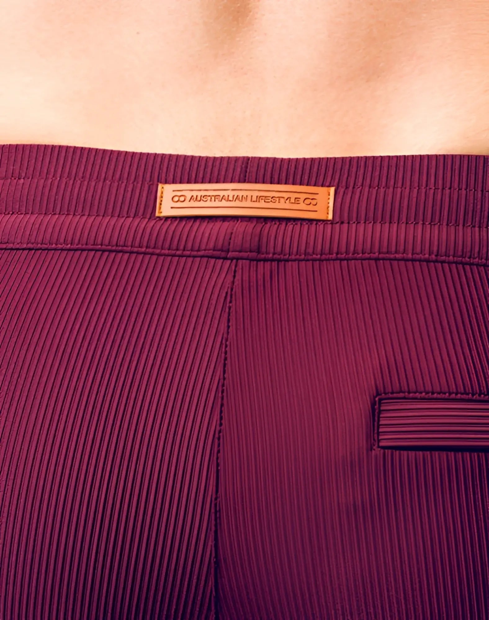 Deep purple corduroy 2eros manly shorts with tan leather cd australian lifestyle co brand tag in tibetan red color