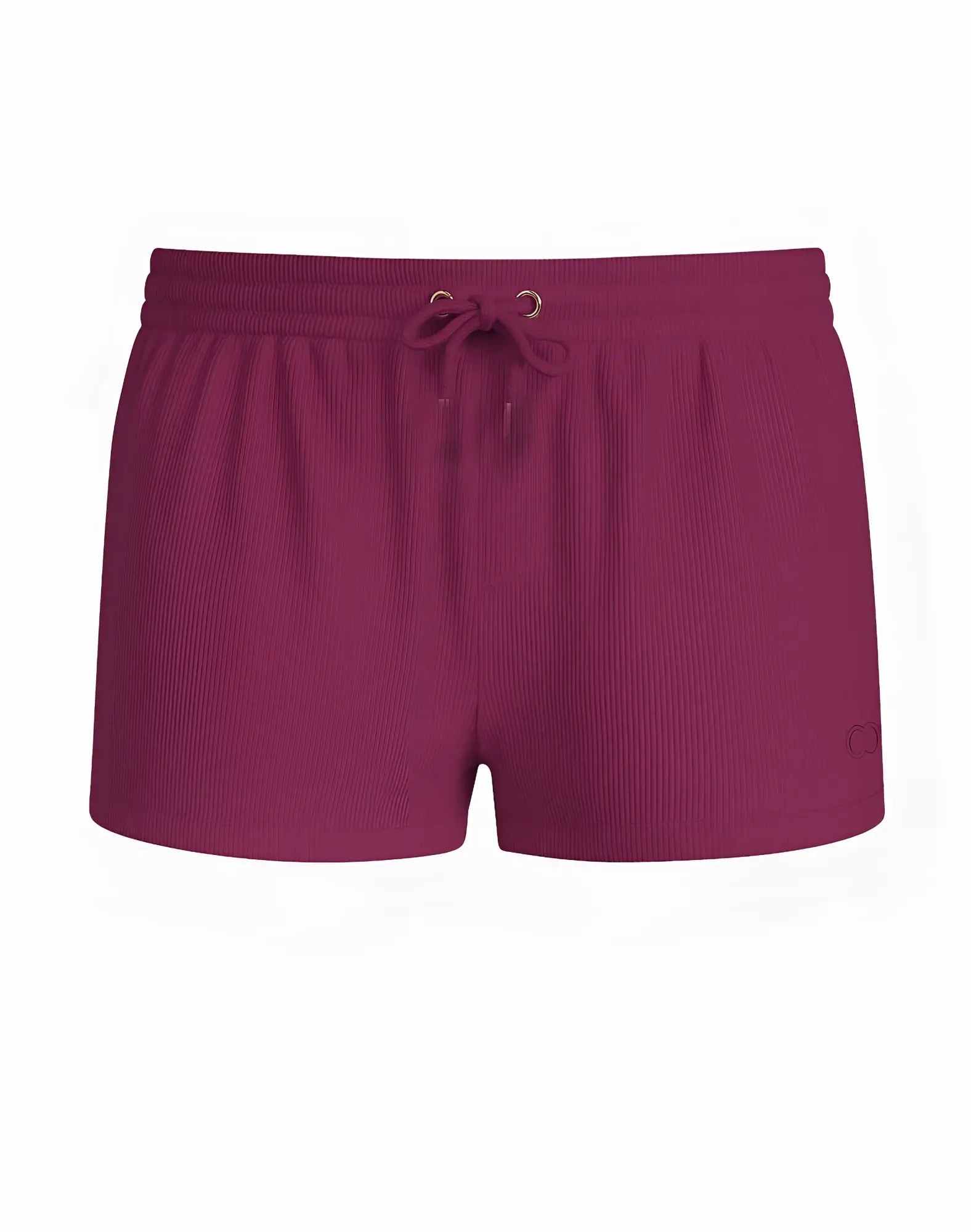 2eros manly shorts in tibetan red magenta ribbed fabric with elastic waistband and drawstring tie