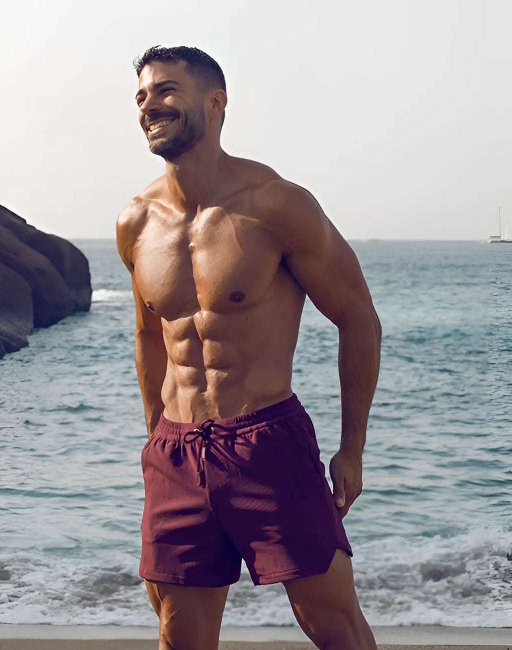 Maroon 2EROS Manly Shorts with drawstring waistband athletic swim shorts for men in Tibetan Red color