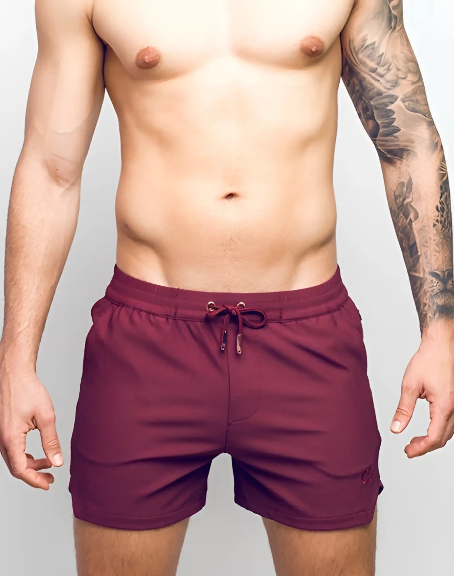 Maroon textured 2eros manly shorts with drawstring waistband and subtle side branding in tibetan red
