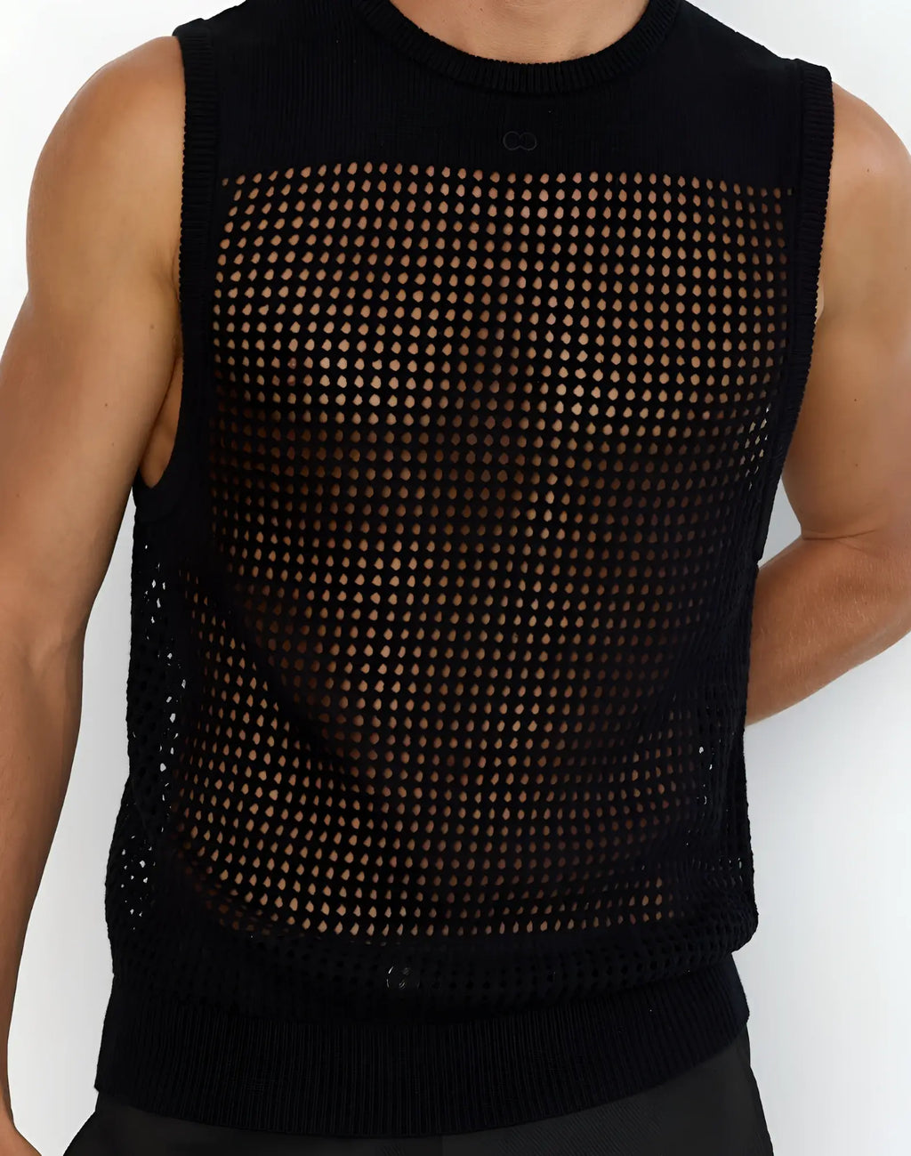 Black knitted sleeveless 2EROS MIAMI singlet with mesh pattern for breathable comfort and stylish layering