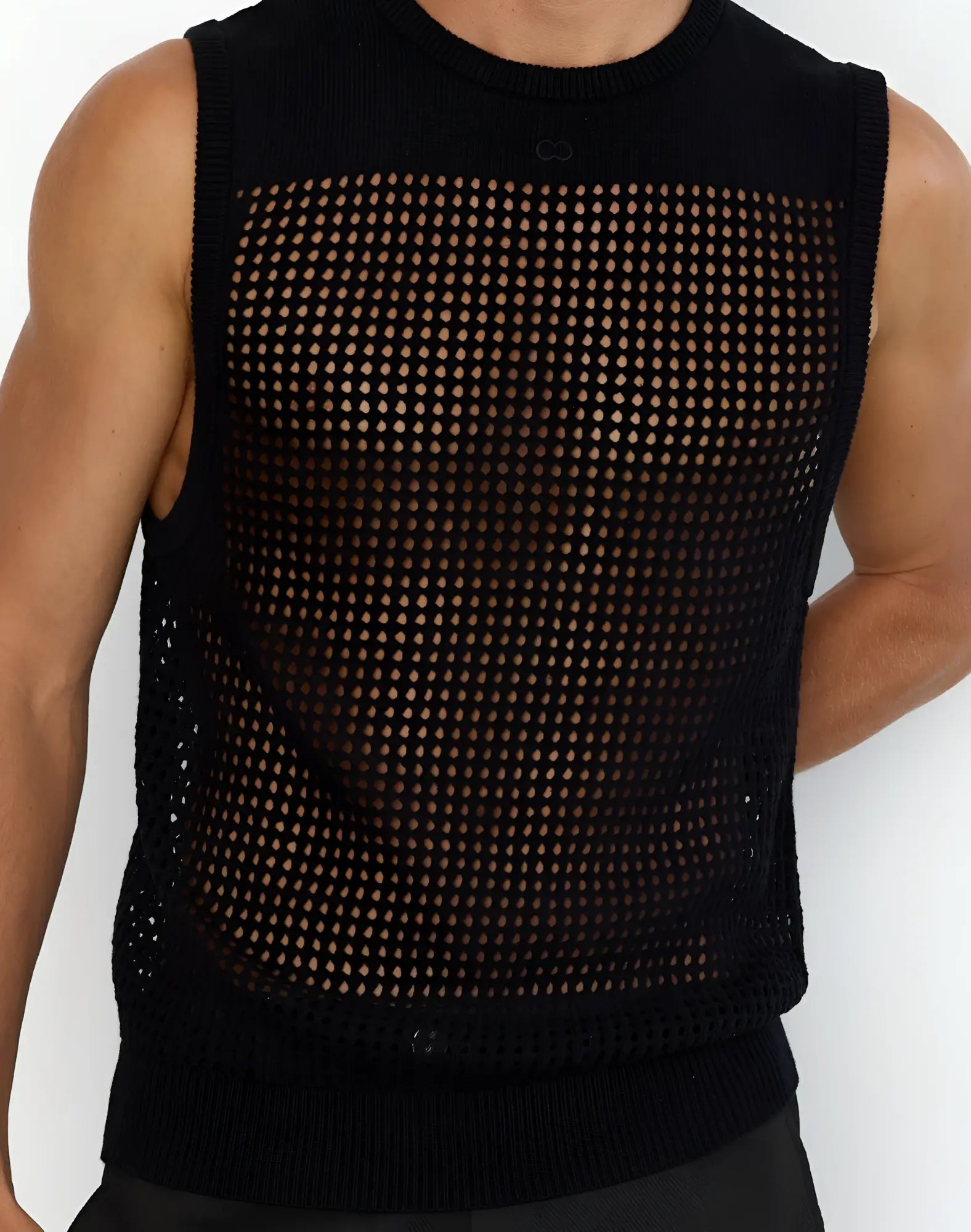 Black knitted sleeveless 2EROS MIAMI singlet with mesh pattern for breathable comfort and stylish layering