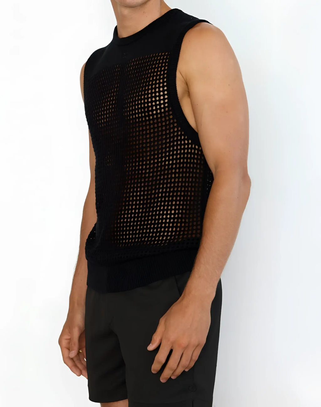 Black mesh sleeveless 2EROS miami singlet top with ribbed neckline and hem for breathable activewear