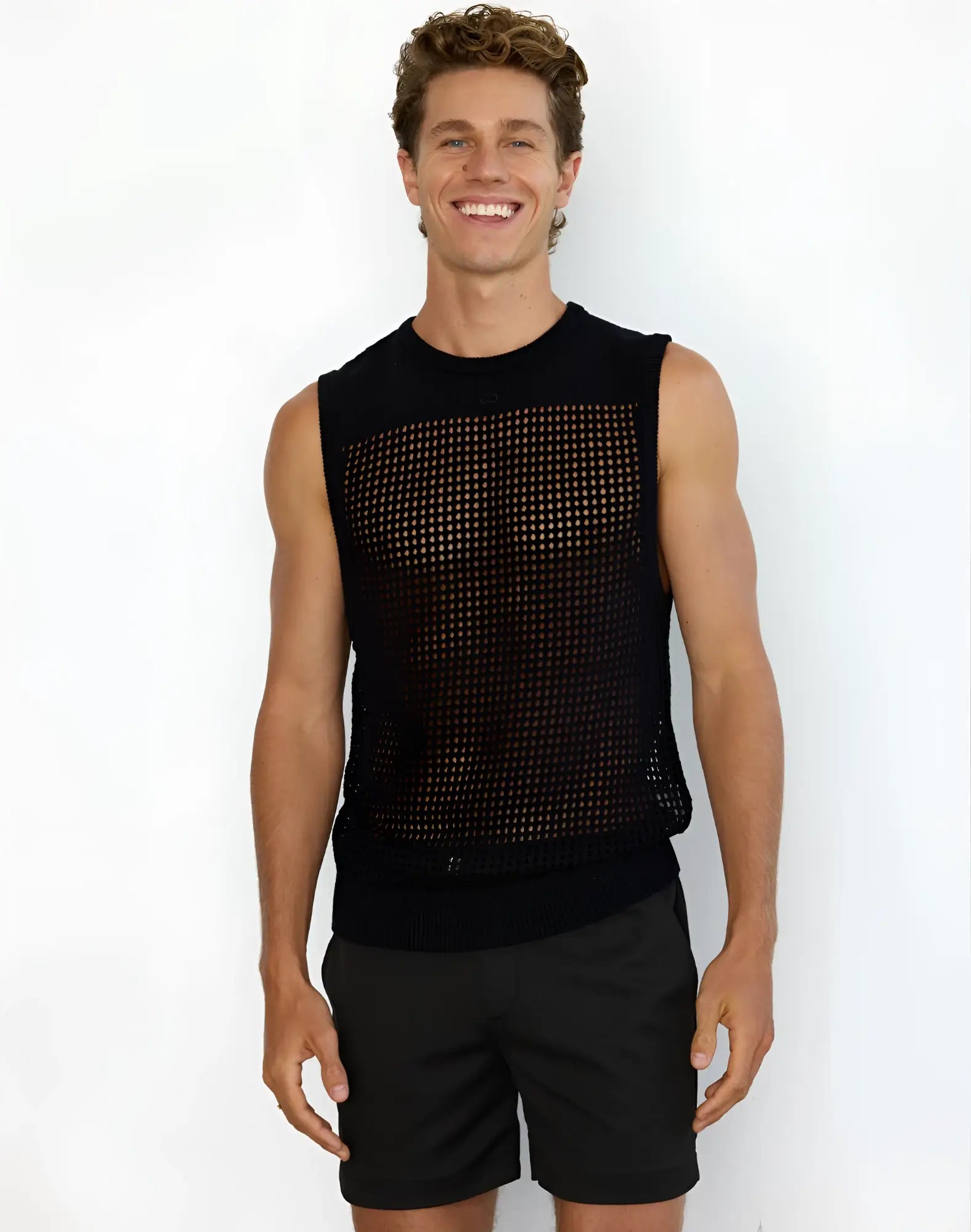 Black mesh sleeveless top with solid black band at bottom 2EROS MIAMI singlet perfect for casual wear