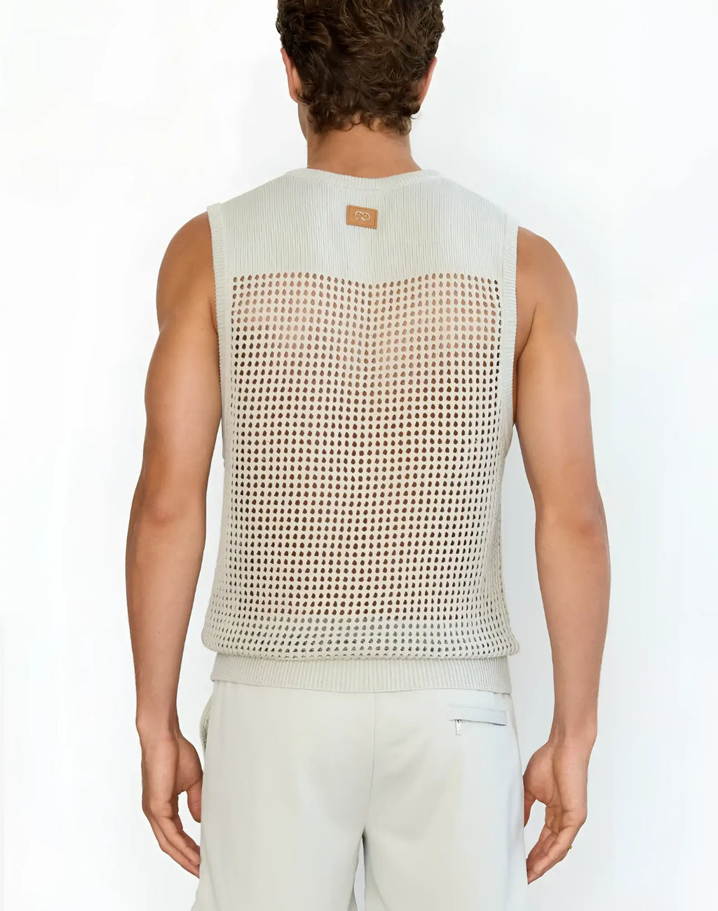 Beige knitted mesh sleeveless 2EROS Miami singlet with ribbed neckline and hem in grey color