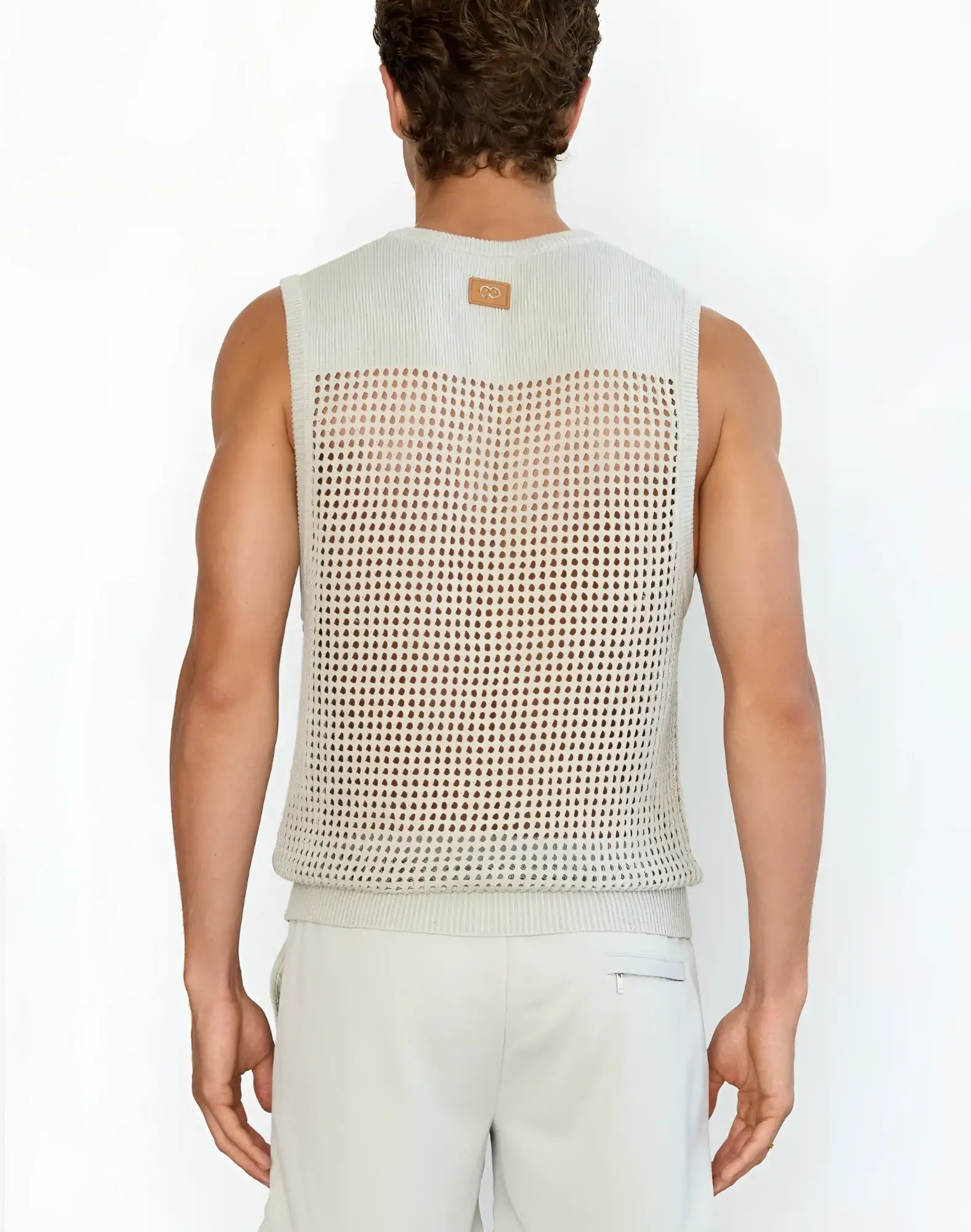 Beige knitted mesh sleeveless 2EROS Miami singlet with ribbed neckline and hem in grey color