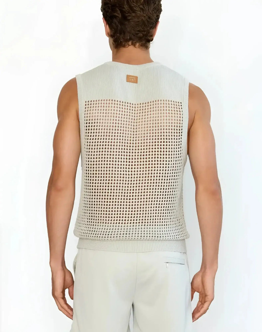 Beige knitted mesh sleeveless 2EROS Miami singlet with ribbed neckline and hem in grey color