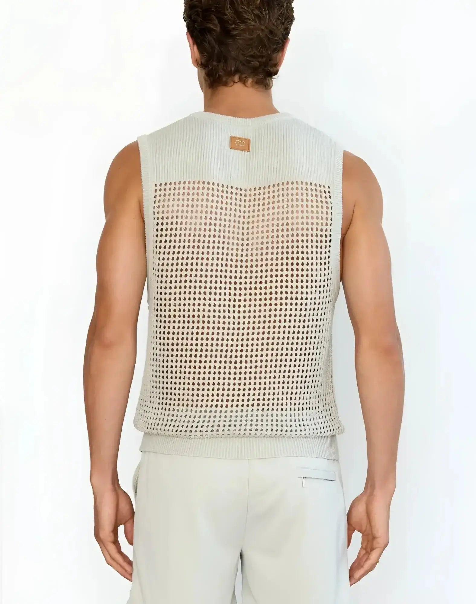 Beige knitted mesh sleeveless 2EROS Miami singlet with ribbed neckline and hem in grey color