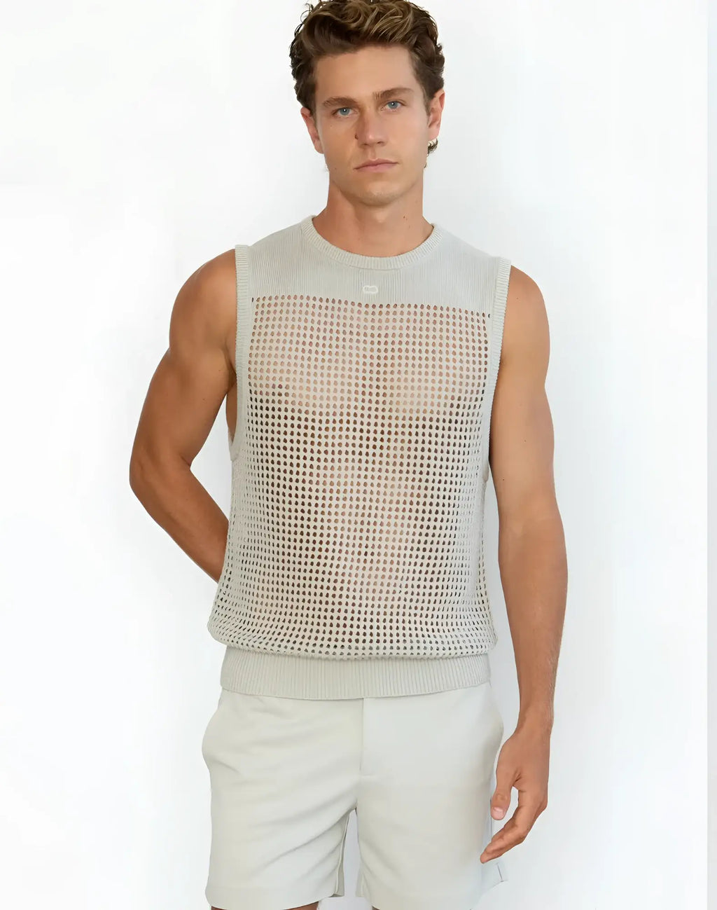 Light gray 2EROS Miami singlet sleeveless top with knitted mesh pattern and ribbed neckline