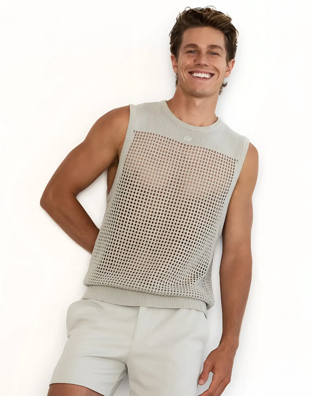 2EROS Miami singlet grey light gray knitted sleeveless top with mesh pattern and ribbed neckline