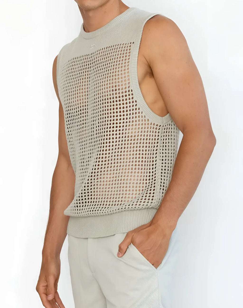 A light gray sleeveless knit 2EROS Miami Singlet with mesh pattern and ribbed neckline and hem