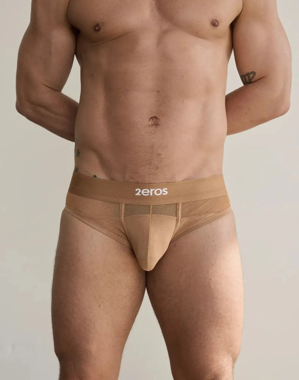 Tan seamless 2eros morpheus brief underwear with mesh panel and logo waistband in brown color front view