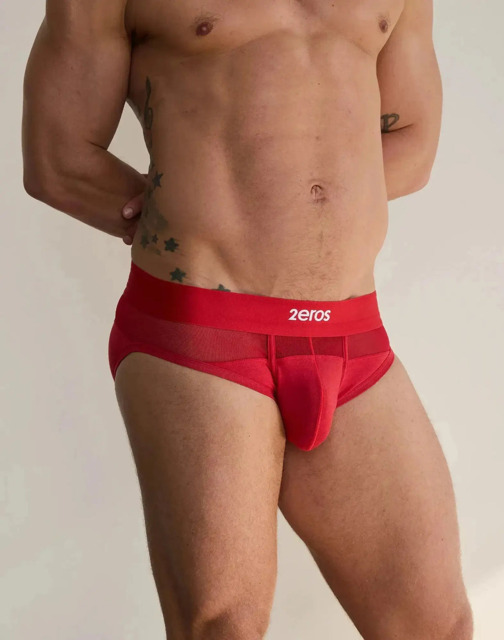 Red 2eros morpheus brief underwear featuring mesh panel and solid fabric construction in red for men