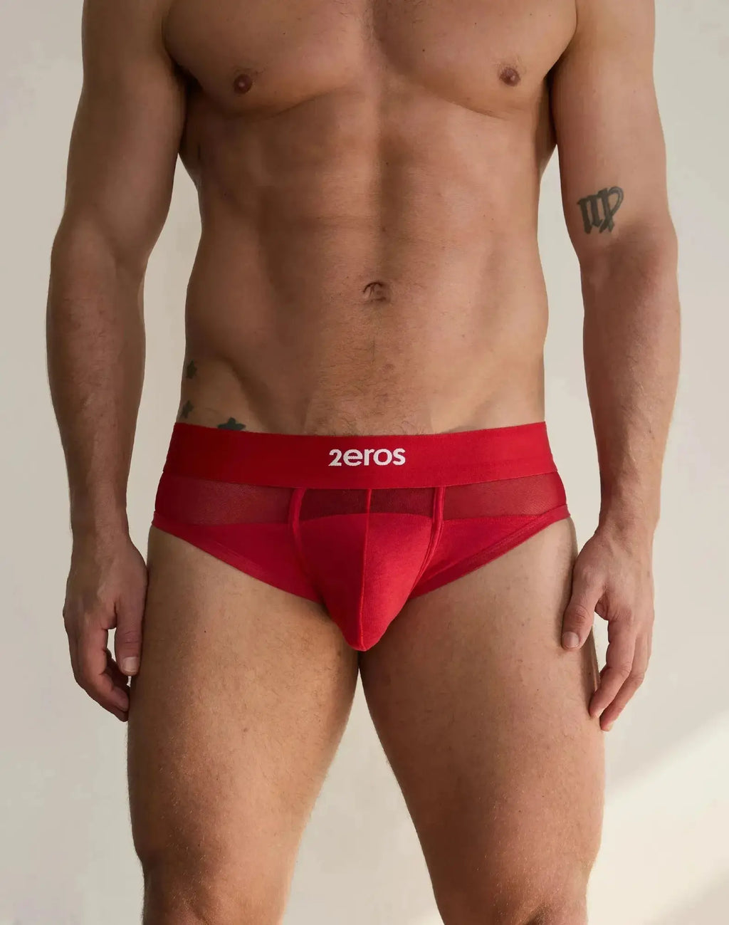 Red 2eros morpheus brief underwear featuring sheer mesh panel and elastic waistband for comfortable fit