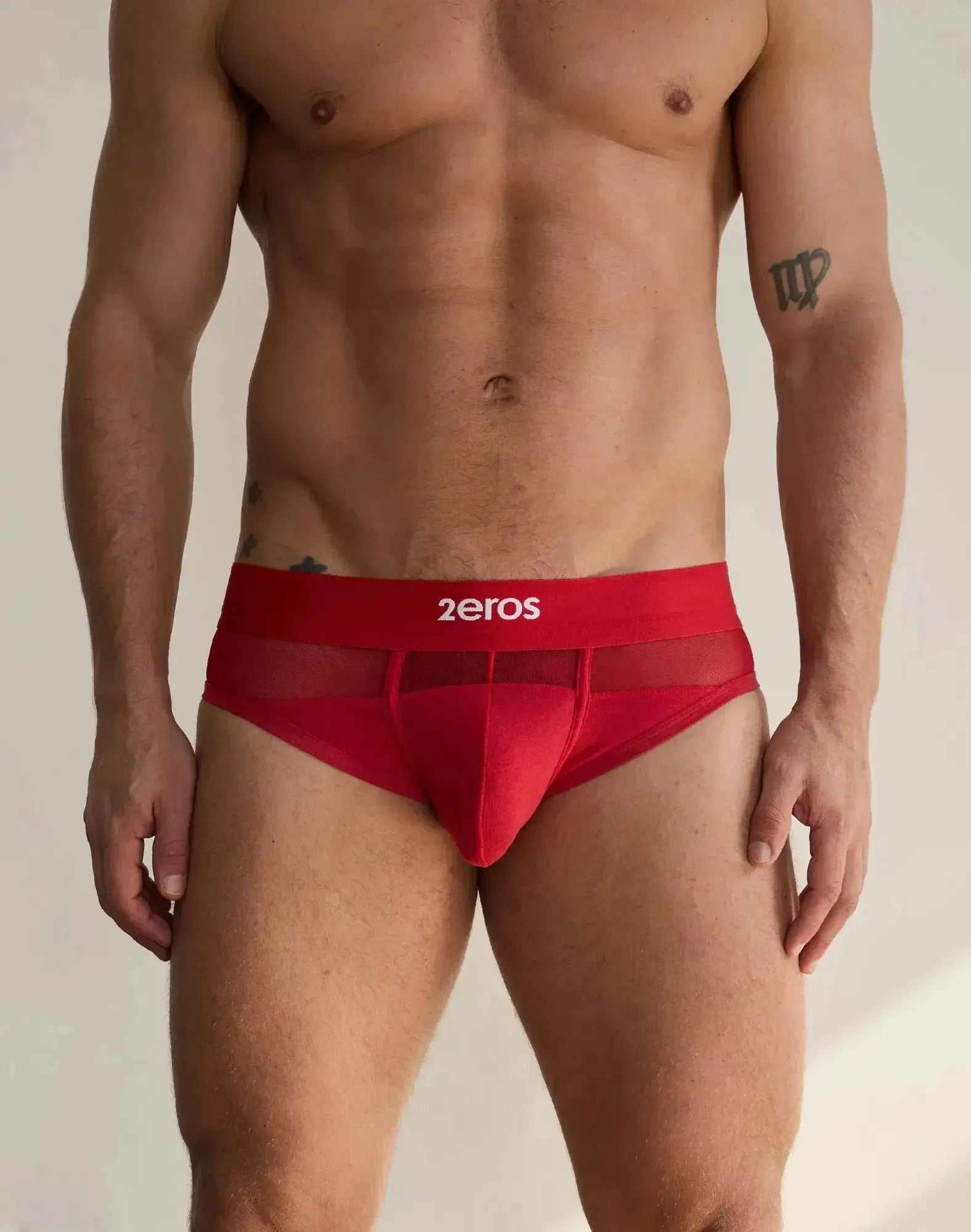 Red 2eros morpheus brief underwear featuring sheer mesh panel and elastic waistband for comfortable fit