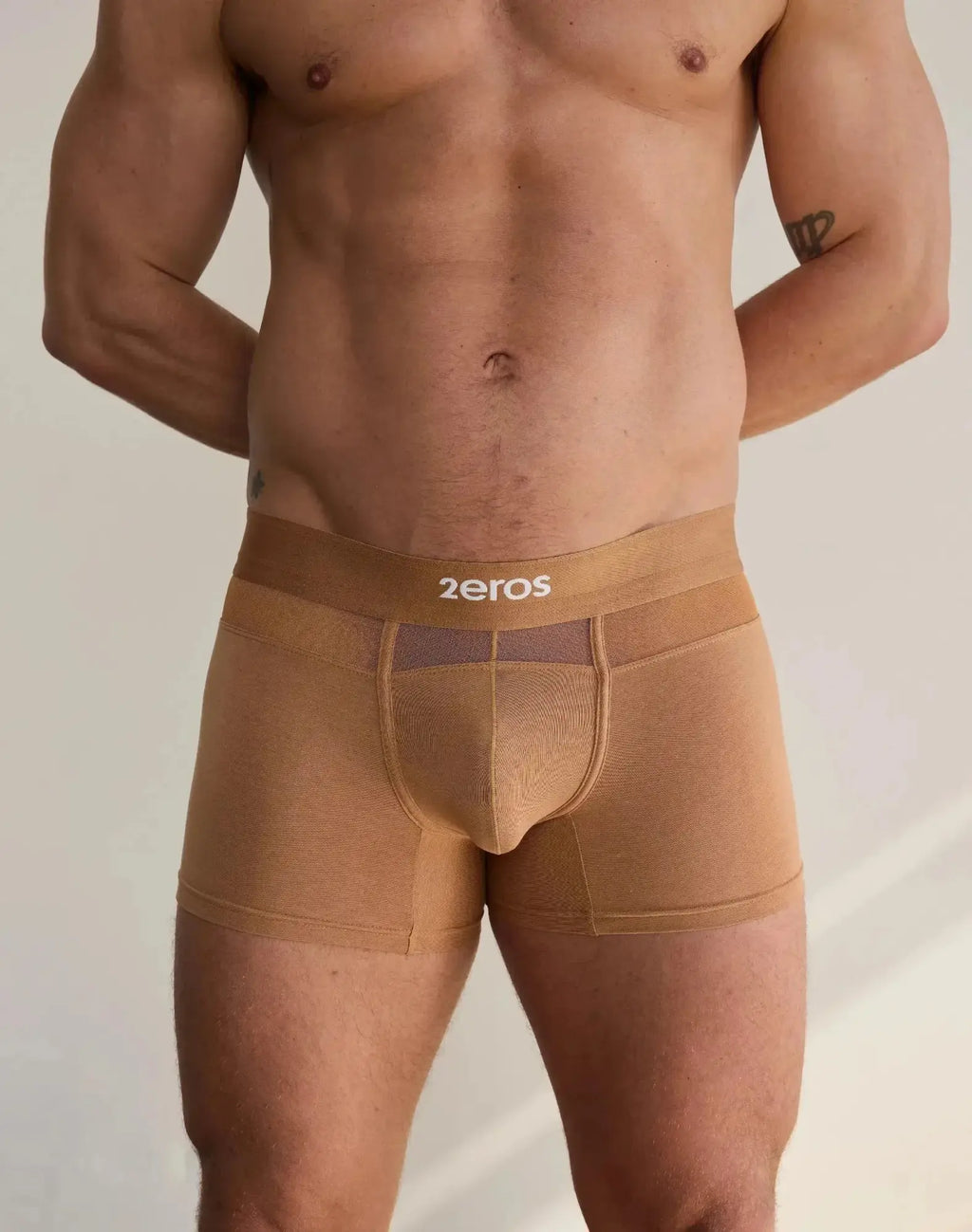 Tan 2eros morpheus trunk underwear featuring form-fitting mesh panels and a branded waistband
