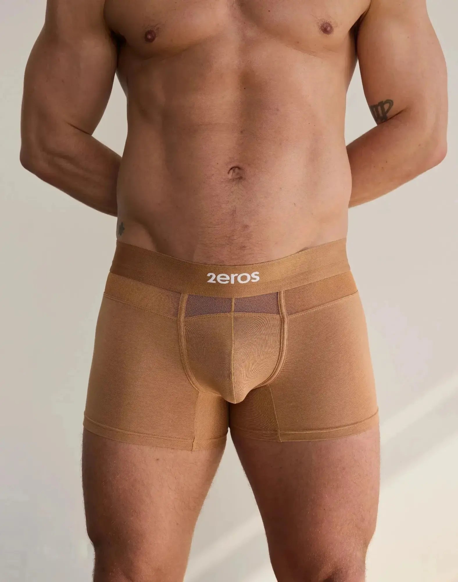 Tan 2eros morpheus trunk underwear featuring form-fitting mesh panels and a branded waistband