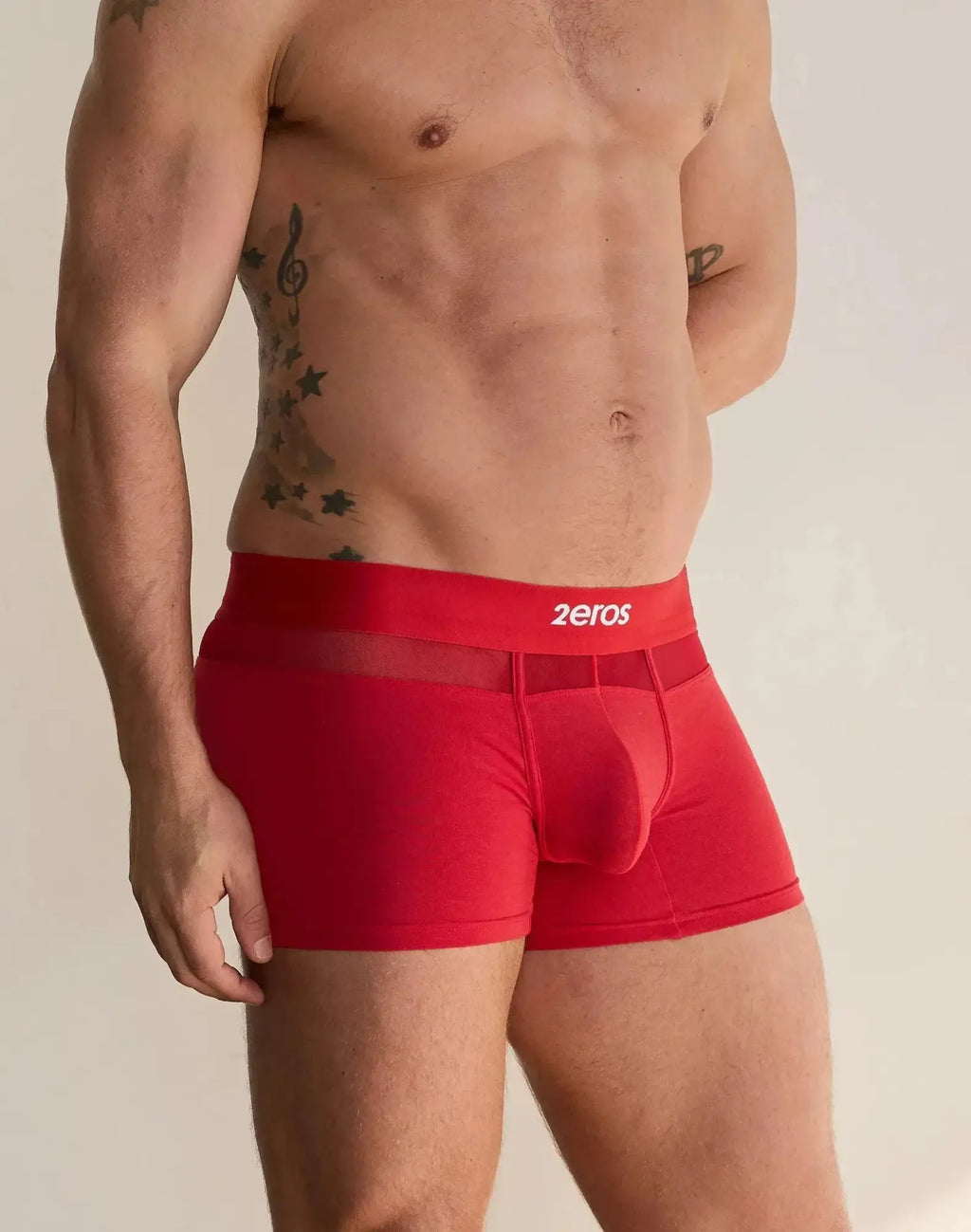 Red 2EROS Morpheus trunk underwear featuring a transparent mesh waistband with white brand name print
