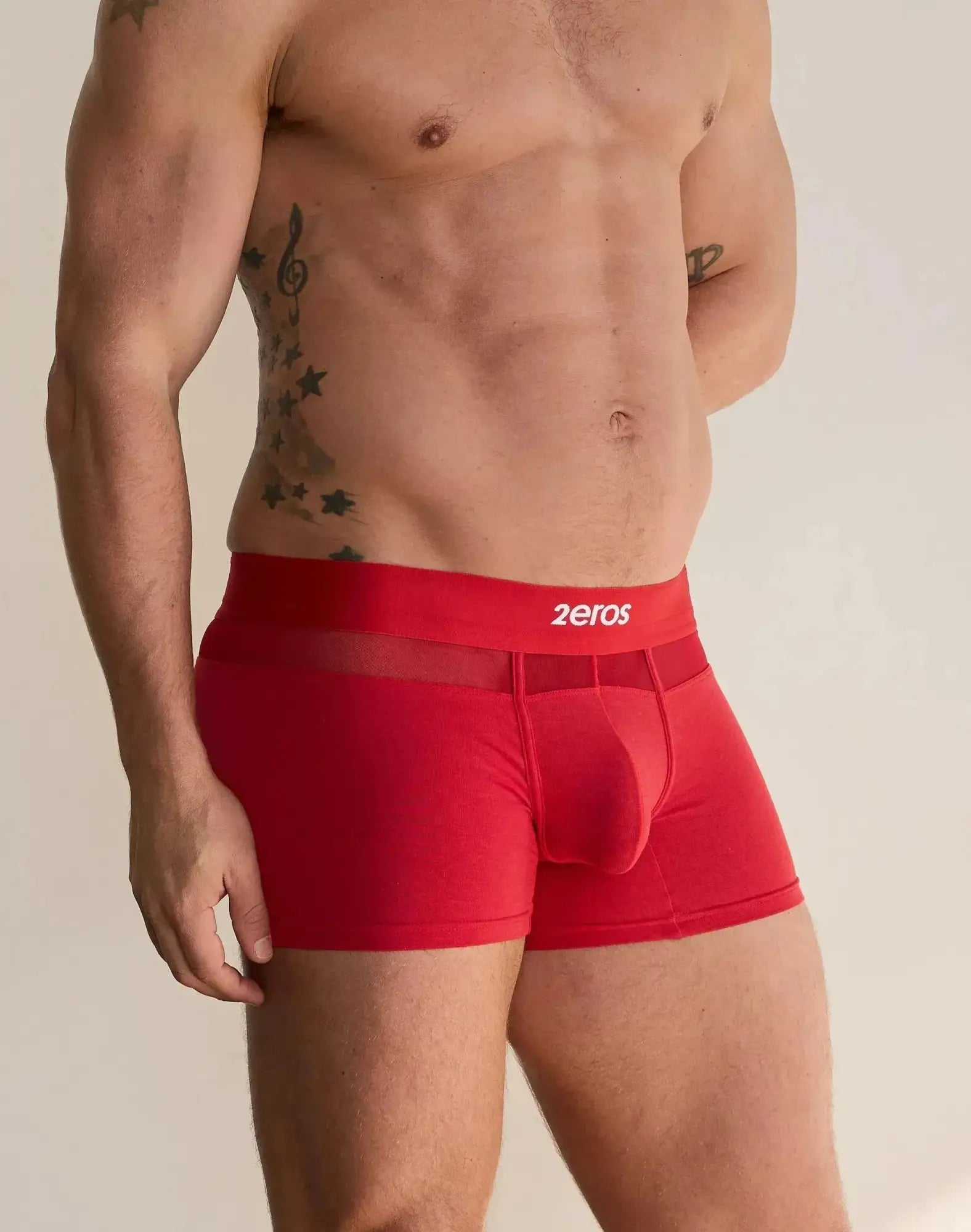 Red 2EROS Morpheus trunk underwear featuring a transparent mesh waistband with white brand name print