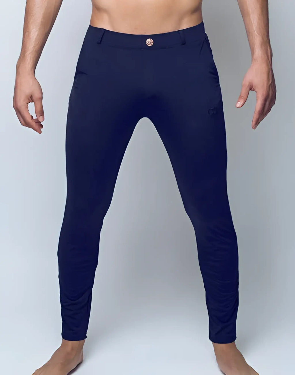 2eros p60 bondi navy blue form-fitting athletic pants with subtle thigh logo and button closure at the waist