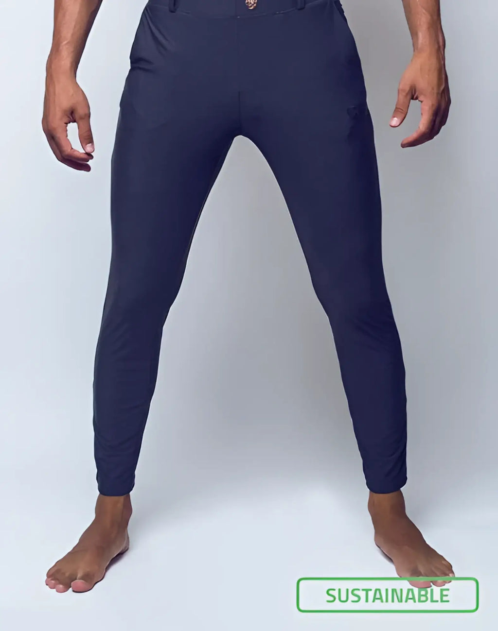 Dark navy blue slim-fit 2EROS P60 Bondi pants with sleek modern design and subtle stitching details