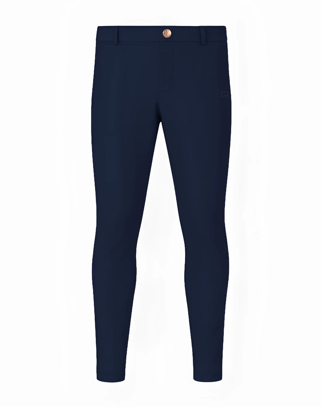2eros p60 bondi slim-fit navy blue riding pants with rose gold button and subtle logo on the thigh