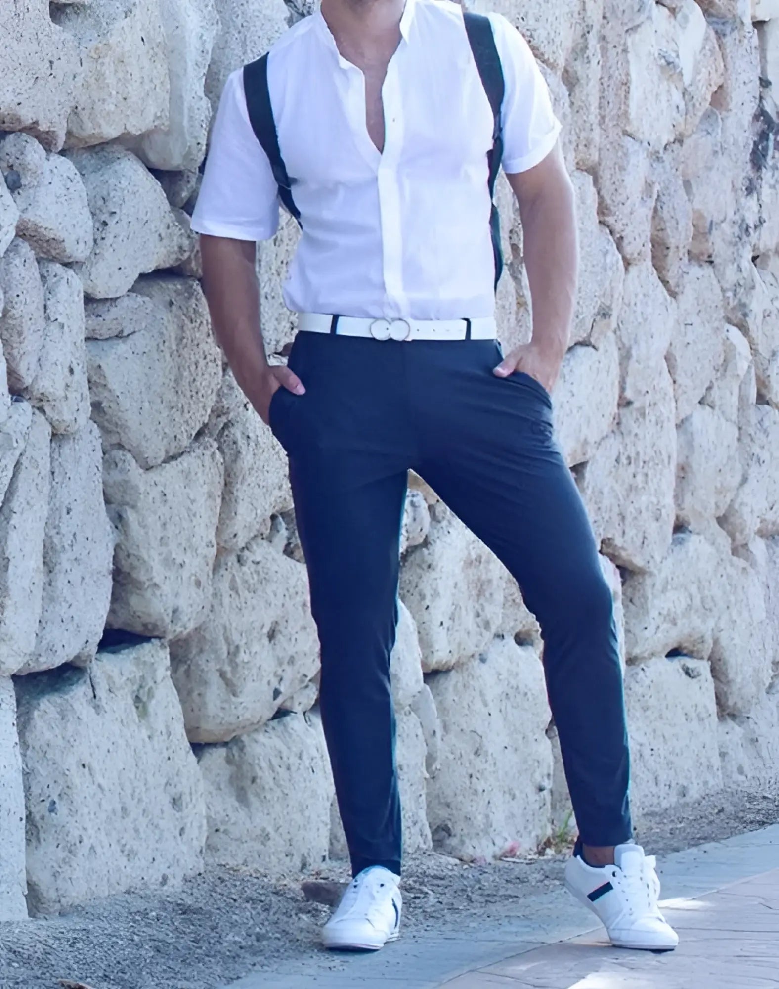 White belt with a double-ring buckle paired with 2eros p60 bondi pants in midnight grey front view