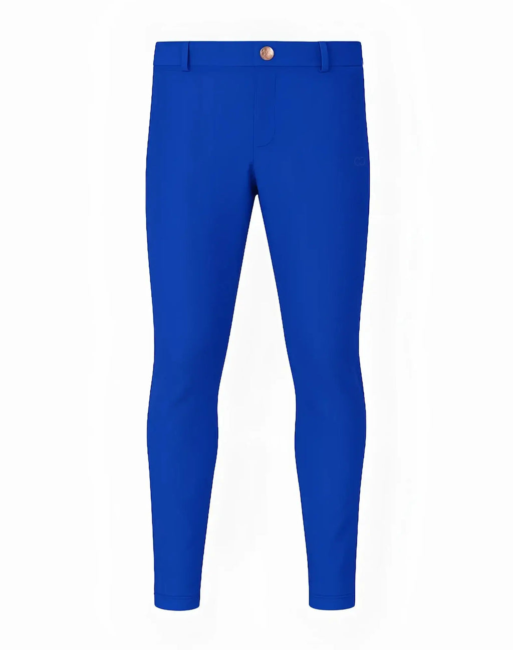 Royal blue slim-fit 2EROS P60 Bondi pants with gold-toned button and subtle brand logo on the thigh