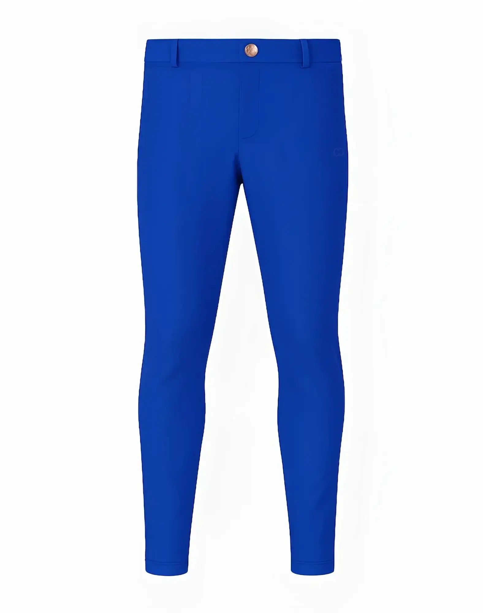 Royal blue slim-fit 2EROS P60 Bondi pants with gold-toned button and subtle brand logo on the thigh