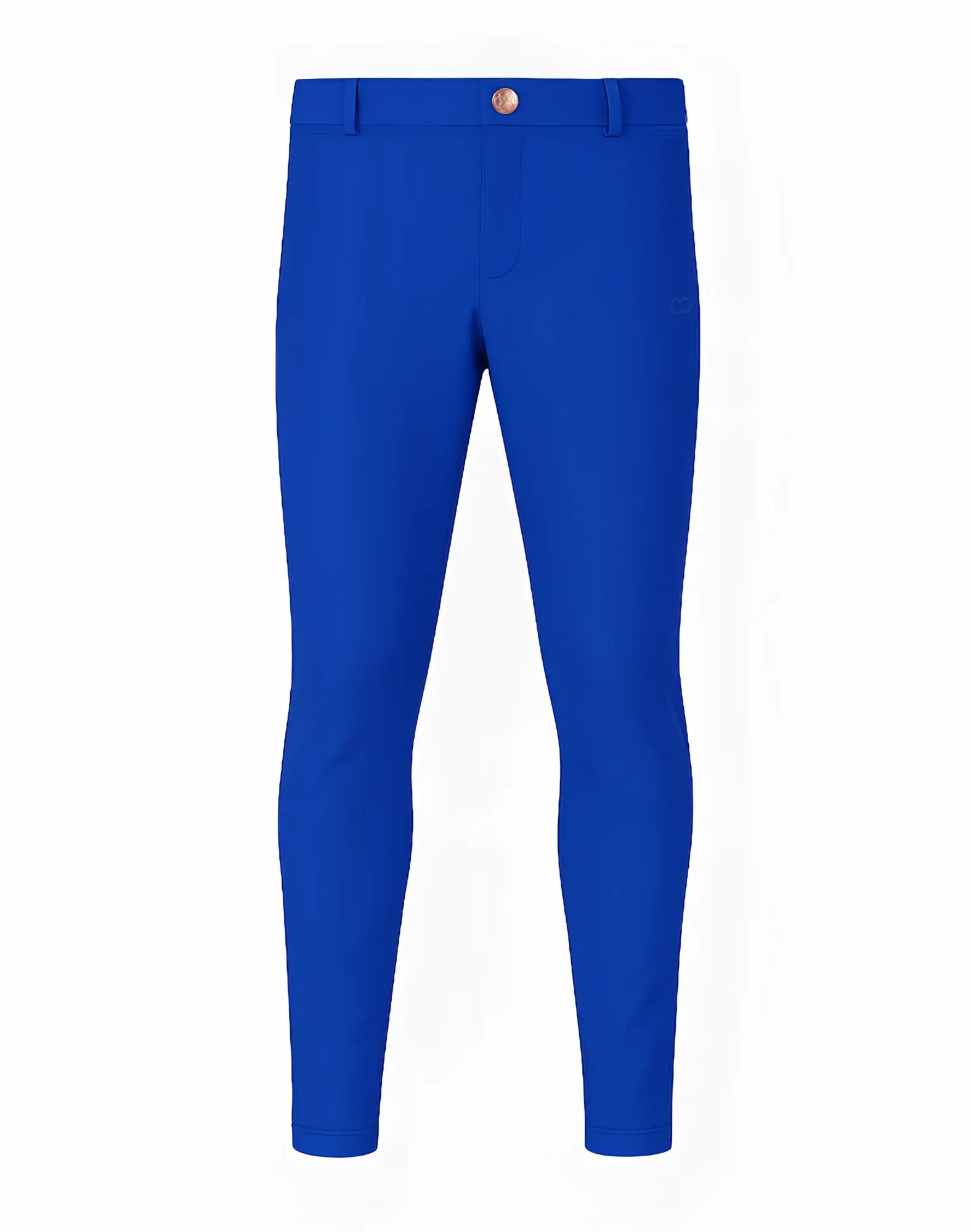 Royal blue slim-fit 2EROS P60 Bondi pants with gold-toned button and subtle brand logo on the thigh