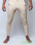 Beige 2EROS P60 Bondi slim-fit trousers with subtle embroidered logo on thigh and single button waist closure