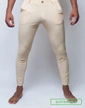 Beige 2EROS P60 Bondi slim-fit trousers with subtle embroidered logo on thigh and single button waist closure