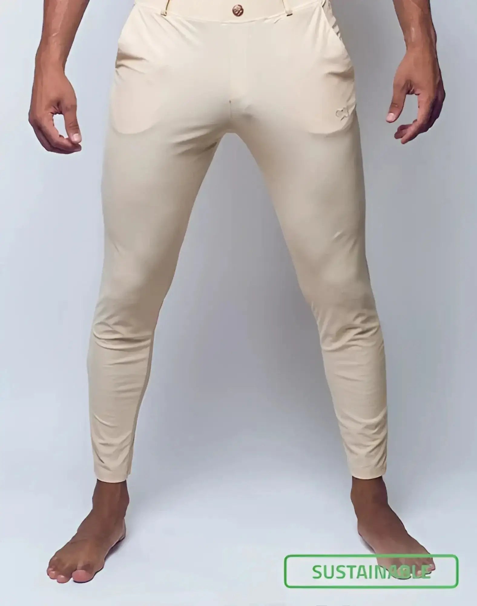 Beige 2EROS P60 Bondi slim-fit trousers with subtle embroidered logo on thigh and single button waist closure