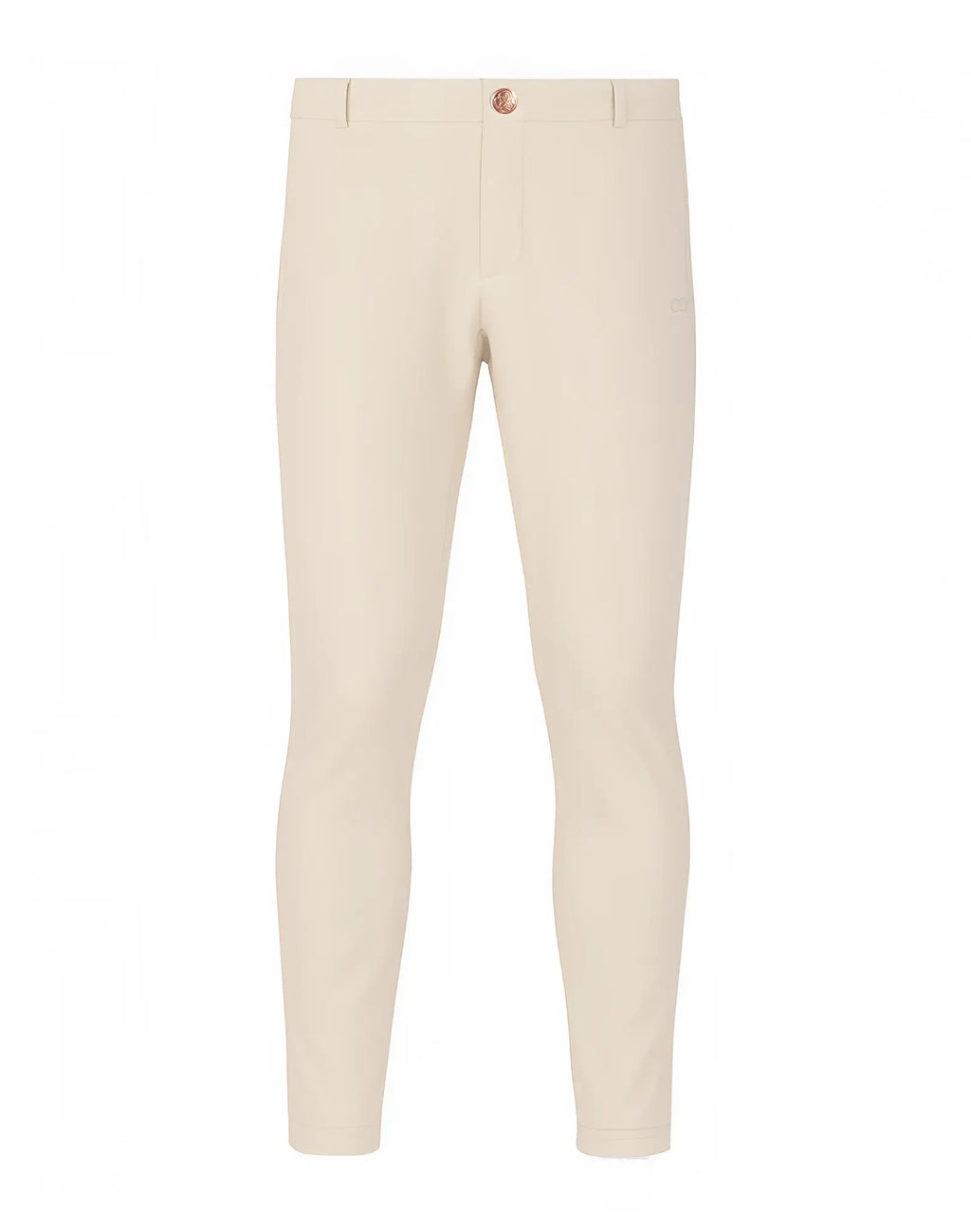 Cream-colored slim-fit 2EROS P60 Bondi trousers with subtle texture and rose-gold button at waistband in sand shade