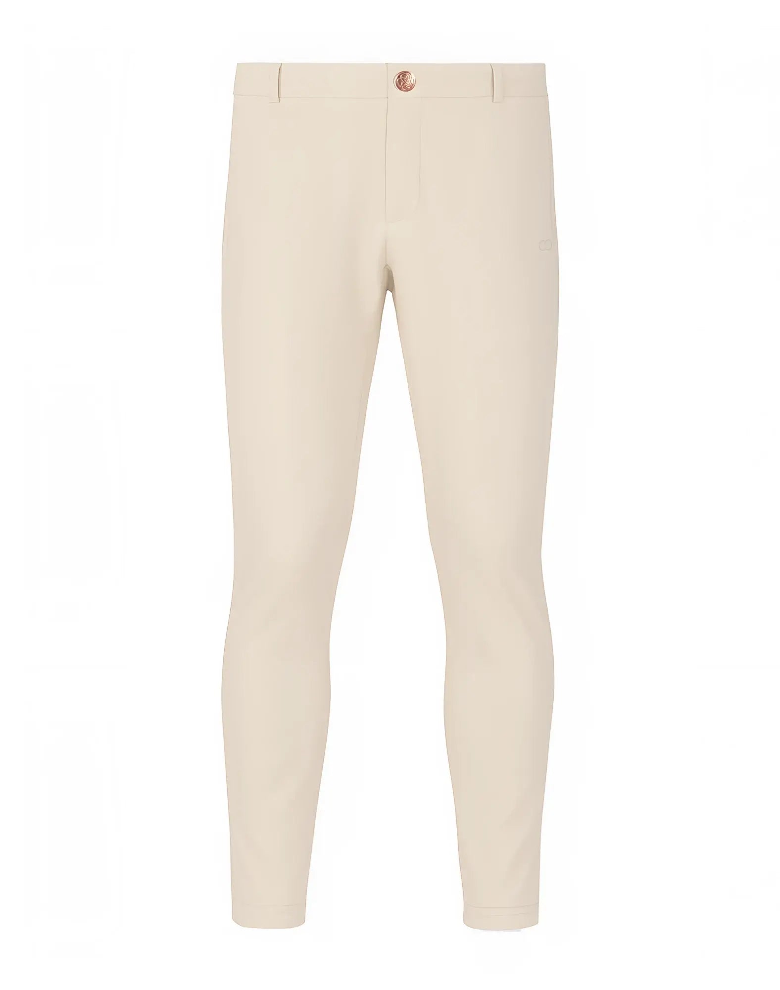 Cream-colored slim-fit 2EROS P60 Bondi trousers with subtle texture and rose-gold button at waistband in sand shade