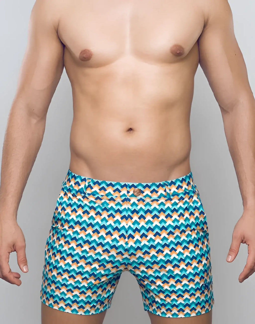 Men’s 2EROS printed Bondi shorts in Chevy Blue with vibrant teal blue and beige zigzag pattern swim trunks