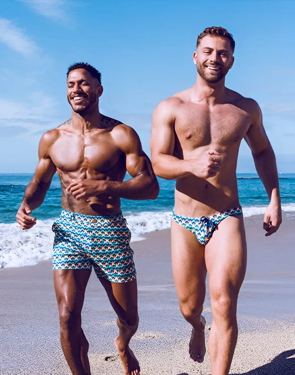 Men’s 2EROS Printed Bondi shorts in chevy blue feature teal and white geometric patterned swim trunks for swimming
