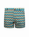 Teal and orange zigzag patterned 2EROS printed bondi shorts in chevy blue with button closure