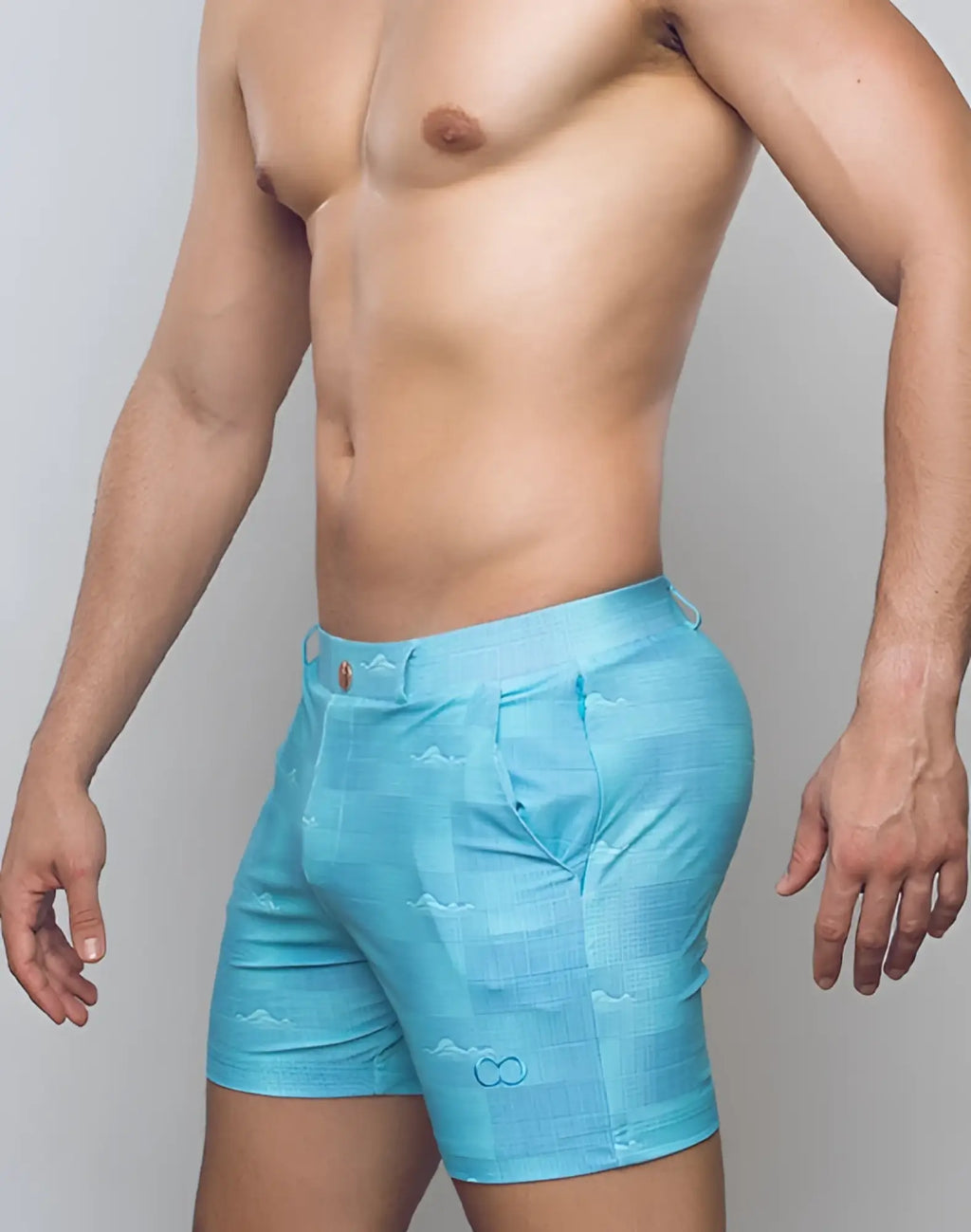 Light blue 2EROS printed Bondi shorts with subtle mountain design and small logo on lower right leg for swimwear use