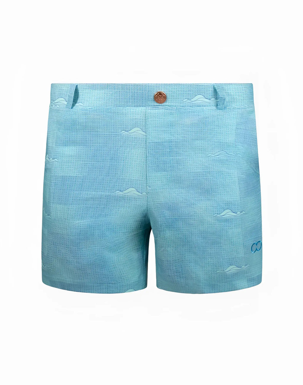 2eros printed bondi shorts in nautica green with light blue fabric, subtle mountain pattern, and copper-toned button
